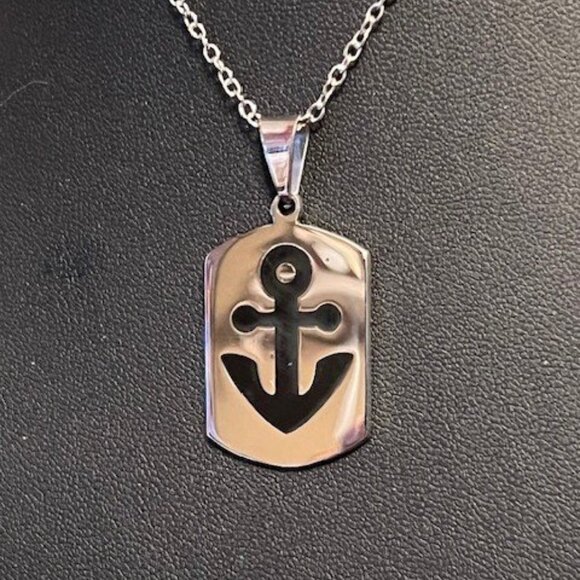 Jewelry - Stainless Steel Anchor Dogtag Pendant on 22" Silvertone Chain (P57)